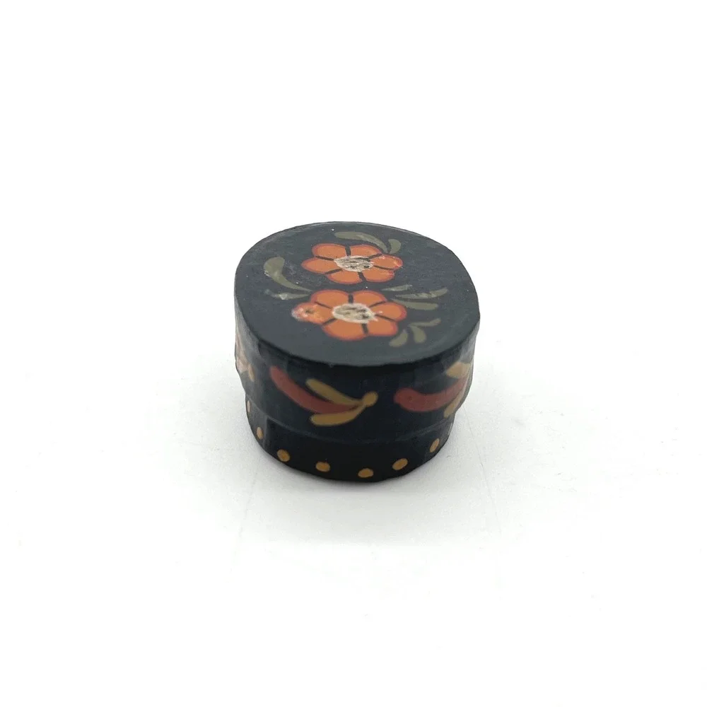 Vintage Folk‎ Art Hand Painted Miniature Trinket Box Floral Black Oval
